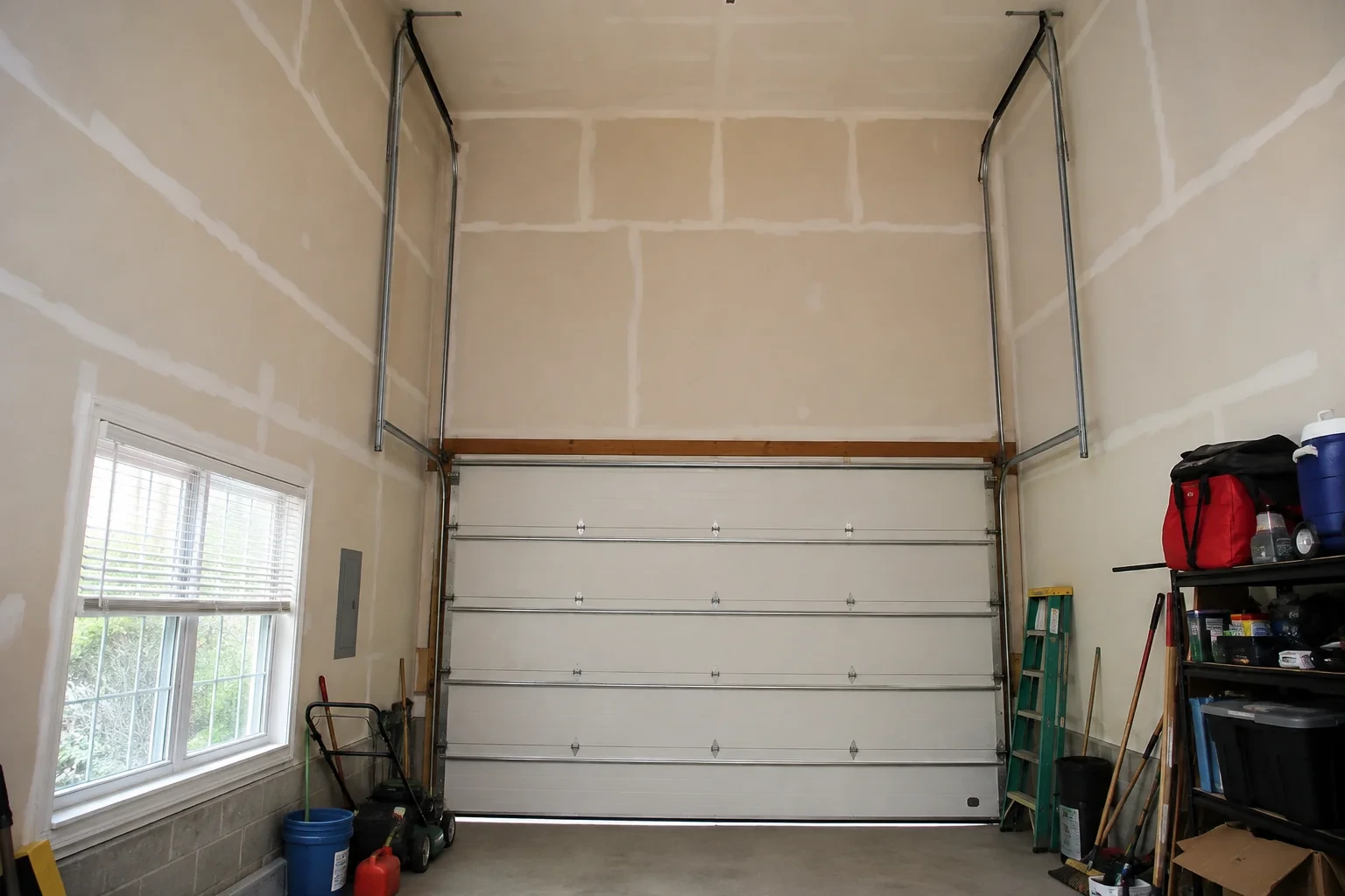 Tall garage interior with a sectional door and tracks extending into overhead space.